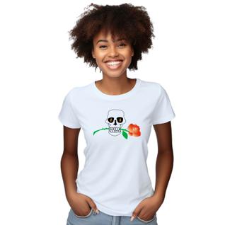 Baby Look Caveira Rosa Na Boca Personalizada Feminina Adulto Algodão com Poliéster