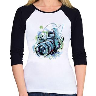 Baby Look Raglan Câmera Fotográfica Manga 3/4 - Foca na Moda