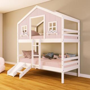 Beliche Casinha dos Sonhos com Escada/ Escorregador Madeira Maciça Rosa/ Branco Housin