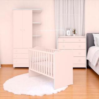 Berço Doce Sonho Rosa + Kit Rodízio + Cômoda c/ Trocador + Guarda-Roupa 2P Doce Sonho Rosa