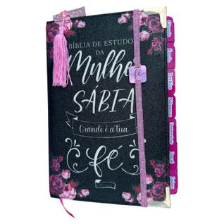 Bíblia da Mulher Sábia de Estudos 100% Glitter Preta com Abas adesivas + Elástico + Marca