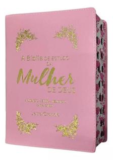 Bíblia de estudo da mulher de deus  letra grande  com harpa e índice  capa de luxo rosa