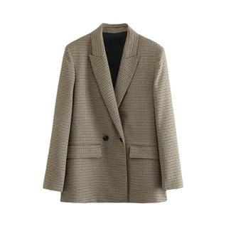 Blazer Feminino Vintage Xadrez Transpassado Com Manga Longa E Bolsos Com Aba - Elegante Ca