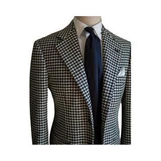 Blazer Masculino Xadrez Pied-de-Poule Com Lapela Entalhada, Jaqueta Social Formal, Casaco