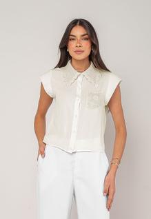 Blusa Alfaiataria Com Gola Em Renda E Bolso Decorado Marfim Salvatore