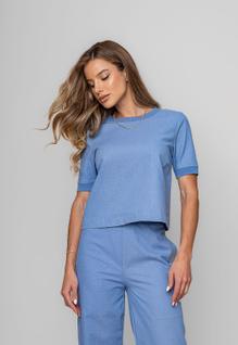 Blusa Alfaiataria Gola Ribana Manga Curta Azul Salvatore