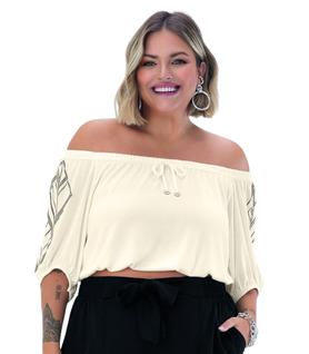 Blusa Cropped Plus Size Ombro a Ombro Rovitex em Viscose com Elastano  Bege Claro