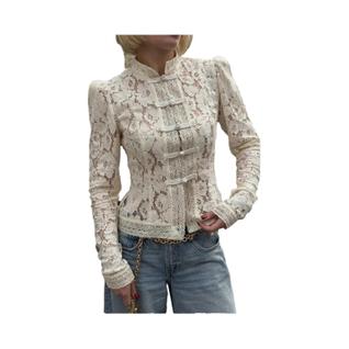 Blusa Feminina Branca De Manga Longa Com Renda, Chique, Vazada Com Flores, Abotoamento Sim
