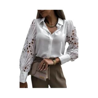 Blusa Feminina Branca De Renda Vazada Com Manga Longa, Camisa Vintage Com Botões, Top Pret