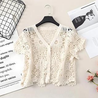 Blusa Feminina Crochê Verão - Decote V, Aberta, Bordada - Estilo Fairycore