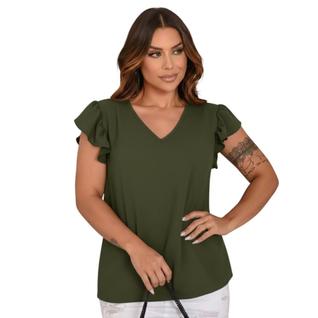 Blusa Feminina Duna com Decote V e Mangas Curtas com Babados Social Elegante Tamanho G