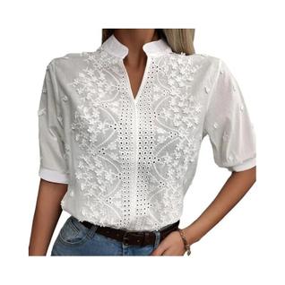 Blusa Feminina Floral com Decote V - Manga Curta, Renda e Estilo Casual Chique