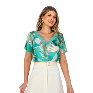 Blusa feminina manga curta estampa tropical com renda em crepe suave