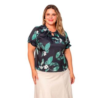 Blusa feminina plus size manga curta estampa tropical com renda em crepe suave