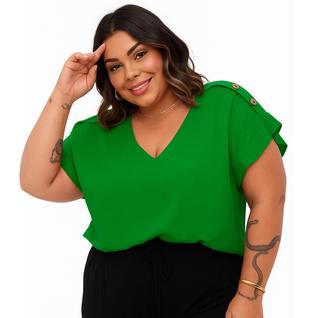 Blusa Feminina Plus Size Tamanho Grande Detalhe de Botão no Ombro G1 G2 G3 Tecido Duna Pre