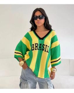 Blusa Oversized Tricô Feminina Copa 2026 Torcida Brasileira