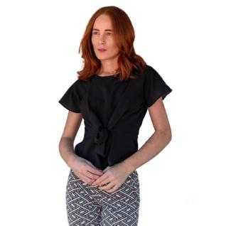 Blusa Peplum Acinturado de Crepe - Cor Preta
