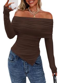 Blusa PRETTYGARDEN Ombro a Ombro Manga Longa Marrom para Mulheres