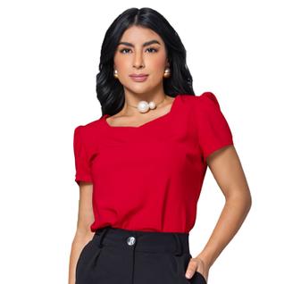 Blusa Social Feminina Manga Curta Bufante Decote Princesa Crepe Elegante M G GG