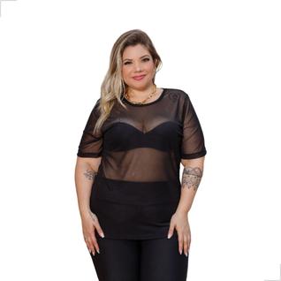 Blusa Tule Transparente Manga Curta Feminina Plus Size, Sexy, Moderna, Estilosa , Barata, 