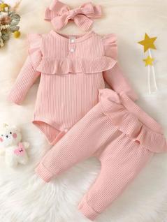 Body Bebê Menina com Babado - Calça e Faixa de Cabelo - Primavera/Outono