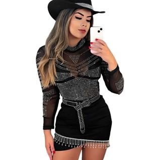 Body Feminino Strass Brilho Gola Alta Rodeio Country Luxo