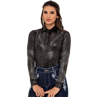 Body Tipo Camisa C/ Brilho Country Manga Longa Strass Rodeio