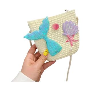 Bolsa De Ombro Mini De Palha Trançada Sereia Para Meninas, Carteira De Princesa, Pequeno