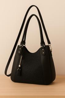 Bolsa Feminina Grande Preta Alça Longa Ombro e Mão Textura Chique Luxo Elegante Fashion Re