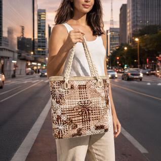 Bolsa Feminina Tecido Chic Detalhada Croche Mão Ombro Estilosa Artesanal Casual Praia Dia 