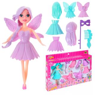 Boneca Fada Com Asas Roupas Removíveis Vestidos Coloridos Pente Máscara Troca De Looks
