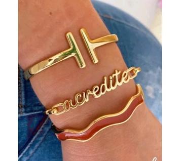 Bracelete Pulseirsa Feminino Masculino Folheado Ouro 18K Manuscrito Frase Acredite Dourado