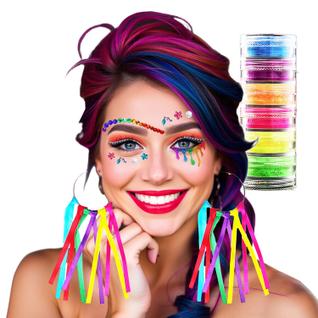 Brinco Fitas Colorido + Torre Sombra Neon 6 Cores + Delineador Adesivo Olhos + Cristais Fa