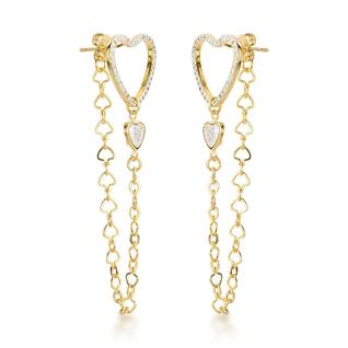 Brincos Longos de Coração com Zircônio Banhados a Ouro 18k  Glamour Sutil