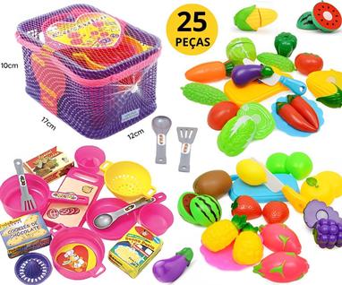 Brinquedo Cozinha Infantil Comidinhas Frutas E Legumes C/ Cestinha de Panelinhas e Utensil