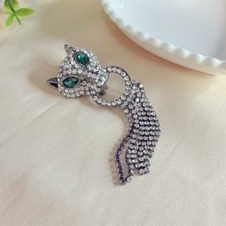 Broche Cabeça de Leopardo com Pedras e Franjas Brilhantes