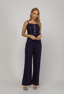 Calça Alfaiataria Wide Leg Com Costura Contrastante Azul Salvatore