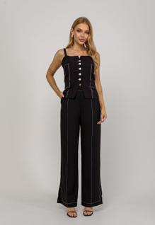 Calça Alfaiataria Wide Leg Com Costura Contrastante Preto Salvatore