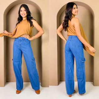 Calça Cargo Jeans Blogueirinha Juvenil Com Regulagem Com Bolsos Laterais Wide Leg 8 ao 16 