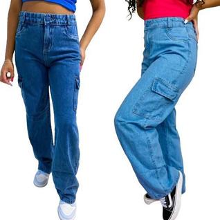 Calça Cargo Jeans Blogueirinha Juvenil Com Regulagem Com Bolsos Laterais Wide Leg 8 ao 16 
