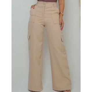 Calça Feminina Cargo Wide Leg Cintura Alta Com Bolsos Nas Laterais, Elegante, Sofisticada,