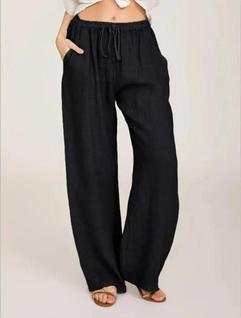 Calça Feminina Casual Solta de Linho e Algodão - Cintura Elástica e Bolsos