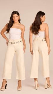 Calça Feminina Jeans Pantacourt Cintura Alta Bege Tendência