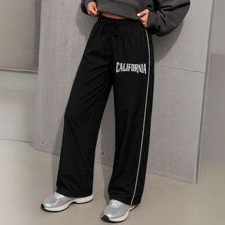 Calça Feminina Reta Larga Preta com Estampa California