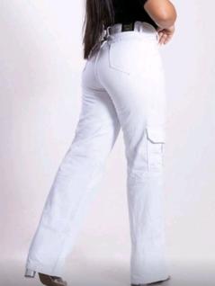 calça feminina wide leg cargo jeans grafite e Branco