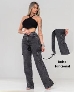 Calça Feminina Wide Leg jeans Chumbo-Marmorizada com bolso cargo cintura alta