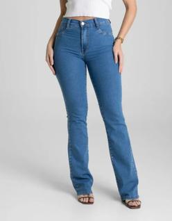 Calça Flare Jeans Feminina Sawary Cintura Alta Boot Cut Elastano Lycra