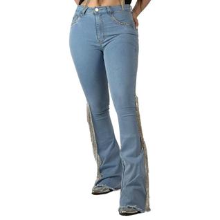 Calça Jeans Delavê All Shine Franjas Strass Moda Country Cintura Alta Flare Texas Ranch Je