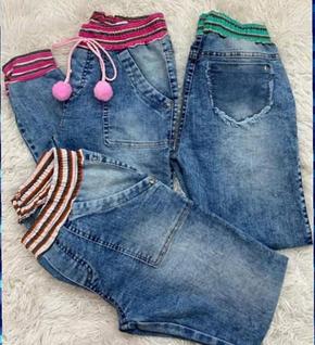 Calça Jeans Estilo Jogger Infantil Meninas Com Pompom