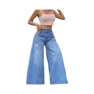 Calça Jeans Feminina De Cintura Alta Com Pernas Largas E Rasgos, Azul Lavado, Micro Flare,